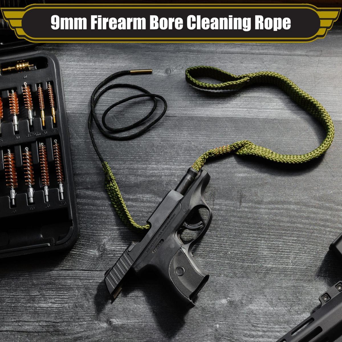 9mm bore cleaning rope beside a pistol