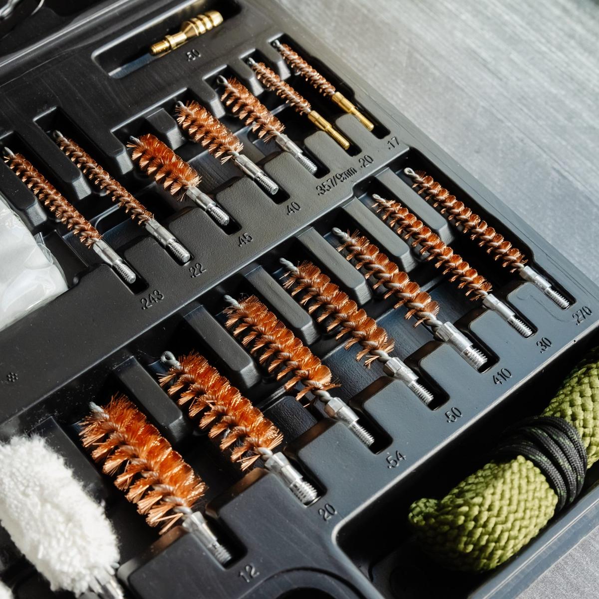 Copper bore brushes in their labelled slots