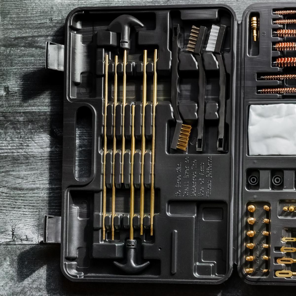 Universal Gun Cleaning Kit, open case with brass rods, jags and copper brushes