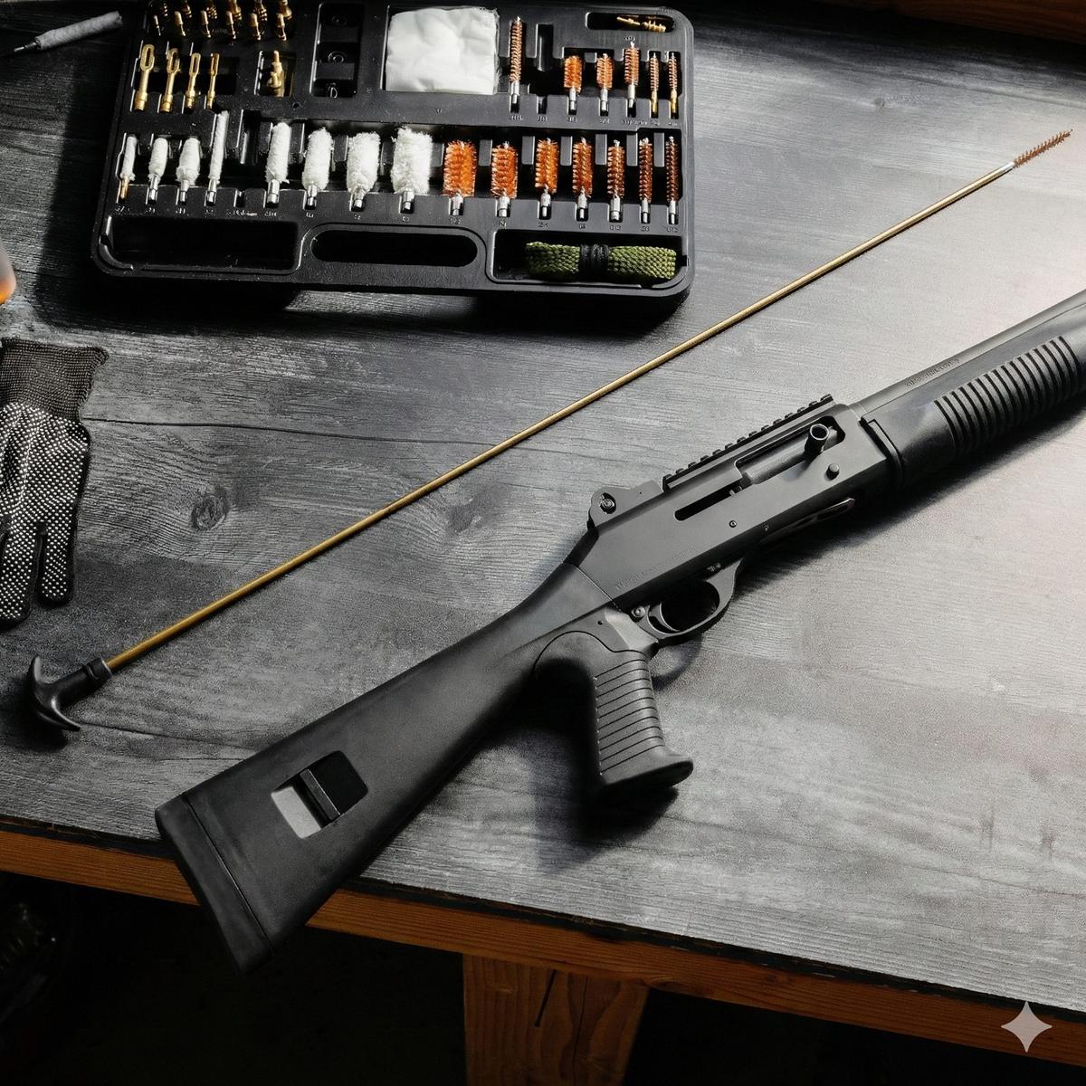 Assembled brass rod beside a shotgun on the bench