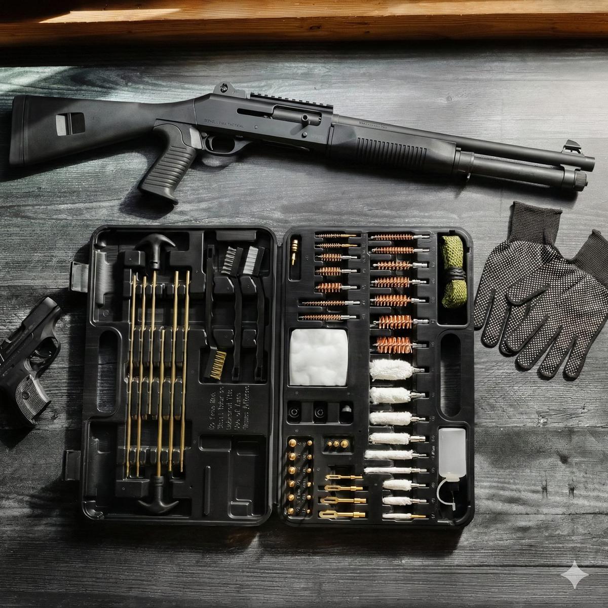 Open kit beside a pistol and shotgun